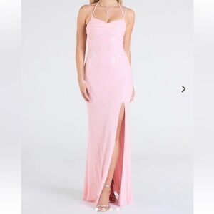 NWT Windsor Pink Kaitlyn Cowl Neck Slit Beaded Sequin Long Maxi Formal Dress